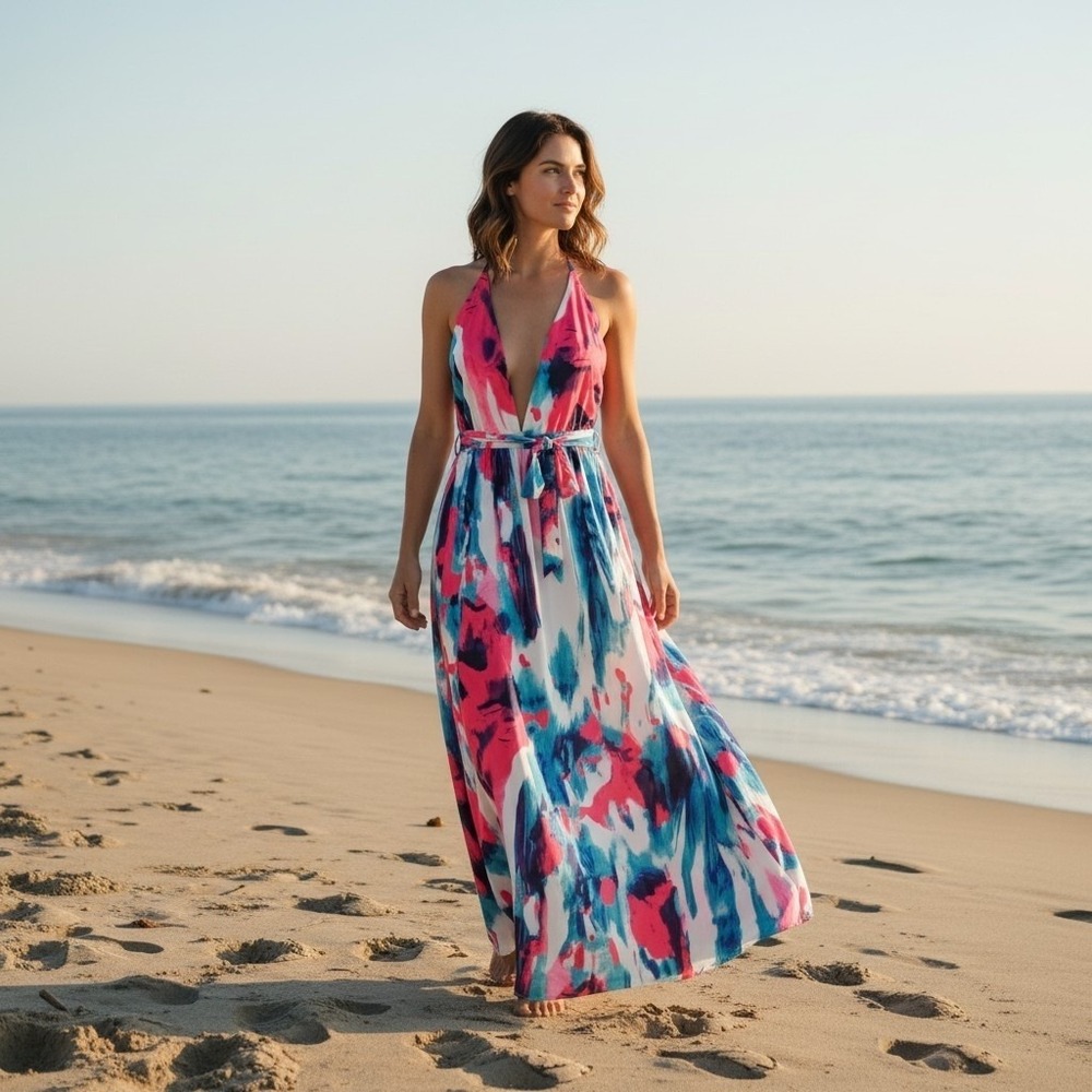 Boho Red Blue Abstract Watercolor Slit Halter Maxi Dress Med Resortwear Beachy